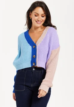 Women's Cardigan in Cool Tones with Ribbed Texture, Full-Length Sleeves, Cropped Fit - Liquorish