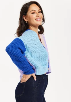 Women's Cardigan in Cool Tones with Ribbed Texture, Full-Length Sleeves, Cropped Fit - Liquorish