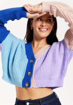 Women's Cardigan in Cool Tones with Ribbed Texture, Full-Length Sleeves, Cropped Fit - Liquorish