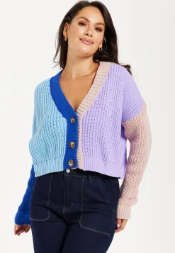 Women's Cardigan in Cool Tones with Ribbed Texture, Full-Length Sleeves, Cropped Fit - Liquorish