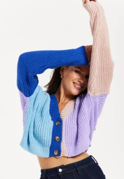 Women's Cardigan in Cool Tones with Ribbed Texture, Full-Length Sleeves, Cropped Fit - Liquorish