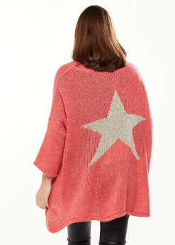 Women's Cardigan in Coral & Cream with Long Sleeves, Star Detail Back, Cozy Knit - Liquorish