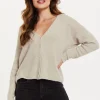 Women's Cardigan in Cream, Ultra-Soft Knitted, Deep V-Neck, Relaxed Fit - Liquorish