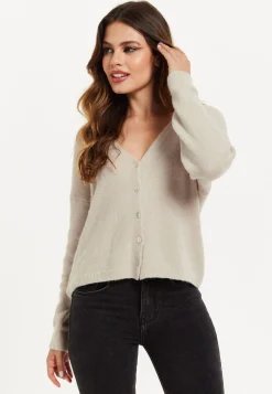 Women's Cardigan in Cream, Ultra-Soft Knitted, Deep V-Neck, Relaxed Fit - Liquorish