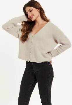 Women's Cardigan in Cream, Ultra-Soft Knitted, Deep V-Neck, Relaxed Fit - Liquorish