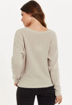 Women's Cardigan in Cream, Ultra-Soft Knitted, Deep V-Neck, Relaxed Fit - Liquorish