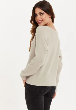 Women's Cardigan in Cream, Ultra-Soft Knitted, Deep V-Neck, Relaxed Fit - Liquorish