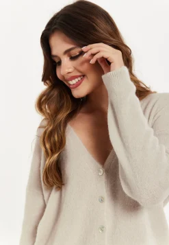 Women's Cardigan in Cream, Ultra-Soft Knitted, Deep V-Neck, Relaxed Fit - Liquorish
