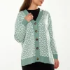 Women's Cardigan in Green & Off White, Loose Fit with Geometric Pattern, Open Front Design, by Liquorish