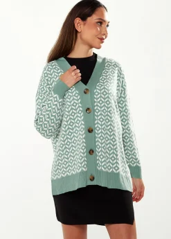 Women's Cardigan in Green & Off White, Loose Fit with Geometric Pattern, Open Front Design, by Liquorish