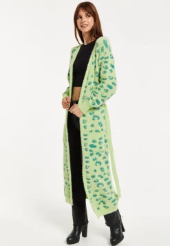Women's Cardigan in Green Animal Print with Longline Design and Front Pockets - Liquorish