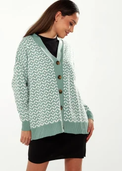 Women's Cardigan in Green & Off White, Loose Fit with Geometric Pattern, Open Front Design, by Liquorish