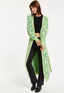 Women's Cardigan in Green Animal Print with Longline Design and Front Pockets - Liquorish