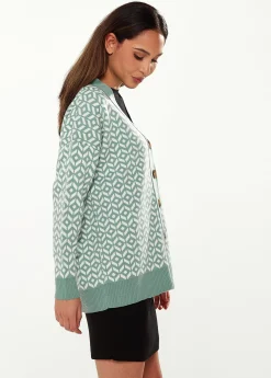 Women's Cardigan in Green & Off White, Loose Fit with Geometric Pattern, Open Front Design, by Liquorish