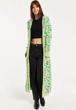 Women's Cardigan in Green Animal Print with Longline Design and Front Pockets - Liquorish