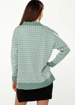 Women's Cardigan in Green & Off White, Loose Fit with Geometric Pattern, Open Front Design, by Liquorish