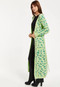 Women's Cardigan in Green Animal Print with Longline Design and Front Pockets - Liquorish