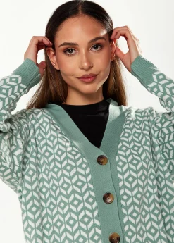 Women's Cardigan in Green & Off White, Loose Fit with Geometric Pattern, Open Front Design, by Liquorish