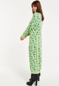 Women's Cardigan in Green Animal Print with Longline Design and Front Pockets - Liquorish