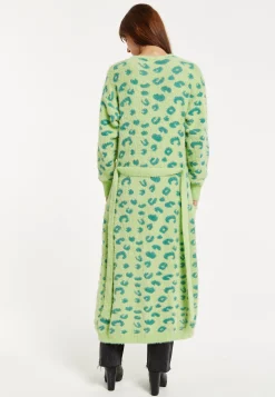 Women's Cardigan in Green Animal Print with Longline Design and Front Pockets - Liquorish