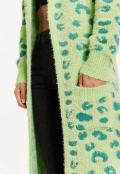 Women's Cardigan in Green Animal Print with Longline Design and Front Pockets - Liquorish