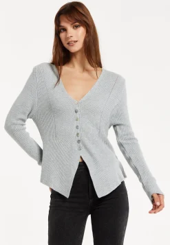 Women's Cardigan in Grey, Ribbed Knit with Button-Down Closure, Long Sleeves, Chic Design by Liquorish