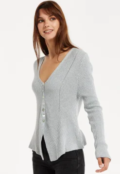 Women's Cardigan in Grey, Ribbed Knit with Button-Down Closure, Long Sleeves, Chic Design by Liquorish
