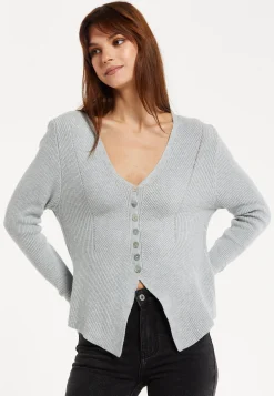 Women's Cardigan in Grey, Ribbed Knit with Button-Down Closure, Long Sleeves, Chic Design by Liquorish