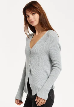 Women's Cardigan in Grey, Ribbed Knit with Button-Down Closure, Long Sleeves, Chic Design by Liquorish