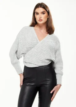 Women's Cardigan in Grey with Ribbed Pattern, Batwing Sleeves & Knot Detail - Liquorish