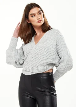 Women's Cardigan in Grey with Ribbed Pattern, Batwing Sleeves & Knot Detail - Liquorish