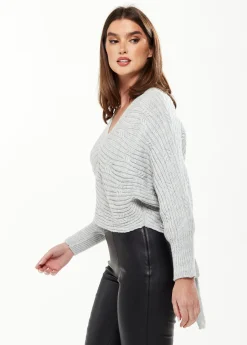 Women's Cardigan in Grey with Ribbed Pattern, Batwing Sleeves & Knot Detail - Liquorish