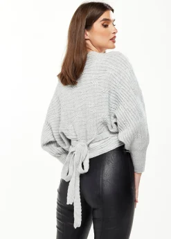 Women's Cardigan in Grey with Ribbed Pattern, Batwing Sleeves & Knot Detail - Liquorish