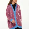 Women's Cardigan in Mulberry & Blue with Oversized Geometric Pattern and Contrasting Details by Liquorish