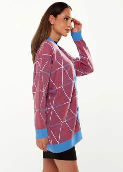 Women's Cardigan in Mulberry & Blue with Oversized Geometric Pattern and Contrasting Details by Liquorish