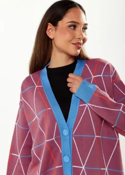 Women's Cardigan in Mulberry & Blue with Oversized Geometric Pattern and Contrasting Details by Liquorish