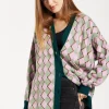 Women's Cardigan in Pink & Green with Long Sleeves, Diamond Pattern, Open Front Design - Liquorish