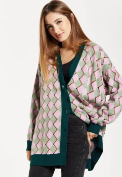 Women's Cardigan in Pink & Green with Long Sleeves, Diamond Pattern, Open Front Design - Liquorish