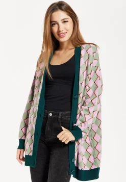 Women's Cardigan in Pink & Green with Long Sleeves, Diamond Pattern, Open Front Design - Liquorish