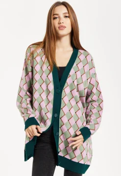 Women's Cardigan in Pink & Green with Long Sleeves, Diamond Pattern, Open Front Design - Liquorish