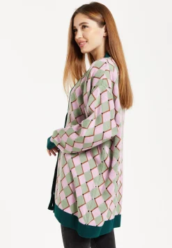 Women's Cardigan in Pink & Green with Long Sleeves, Diamond Pattern, Open Front Design - Liquorish