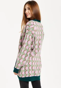 Women's Cardigan in Pink & Green with Long Sleeves, Diamond Pattern, Open Front Design - Liquorish