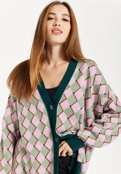 Women's Cardigan in Pink & Green with Long Sleeves, Diamond Pattern, Open Front Design - Liquorish