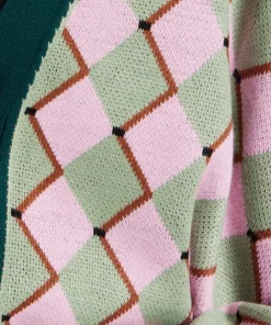 Women's Cardigan in Pink & Green with Long Sleeves, Diamond Pattern, Open Front Design - Liquorish