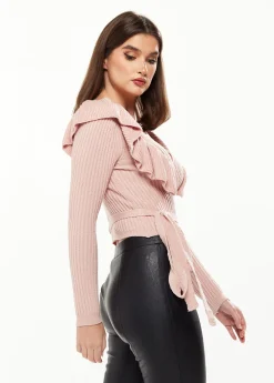 Women's Cardigan in Pink with Frill Sleeves, Wrap Design, Cozy Long Sleeves - Liquorish