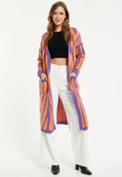 Women's Cardigan in Purple & Orange Zebra Stripes, Longline with Pockets - Liquorish
