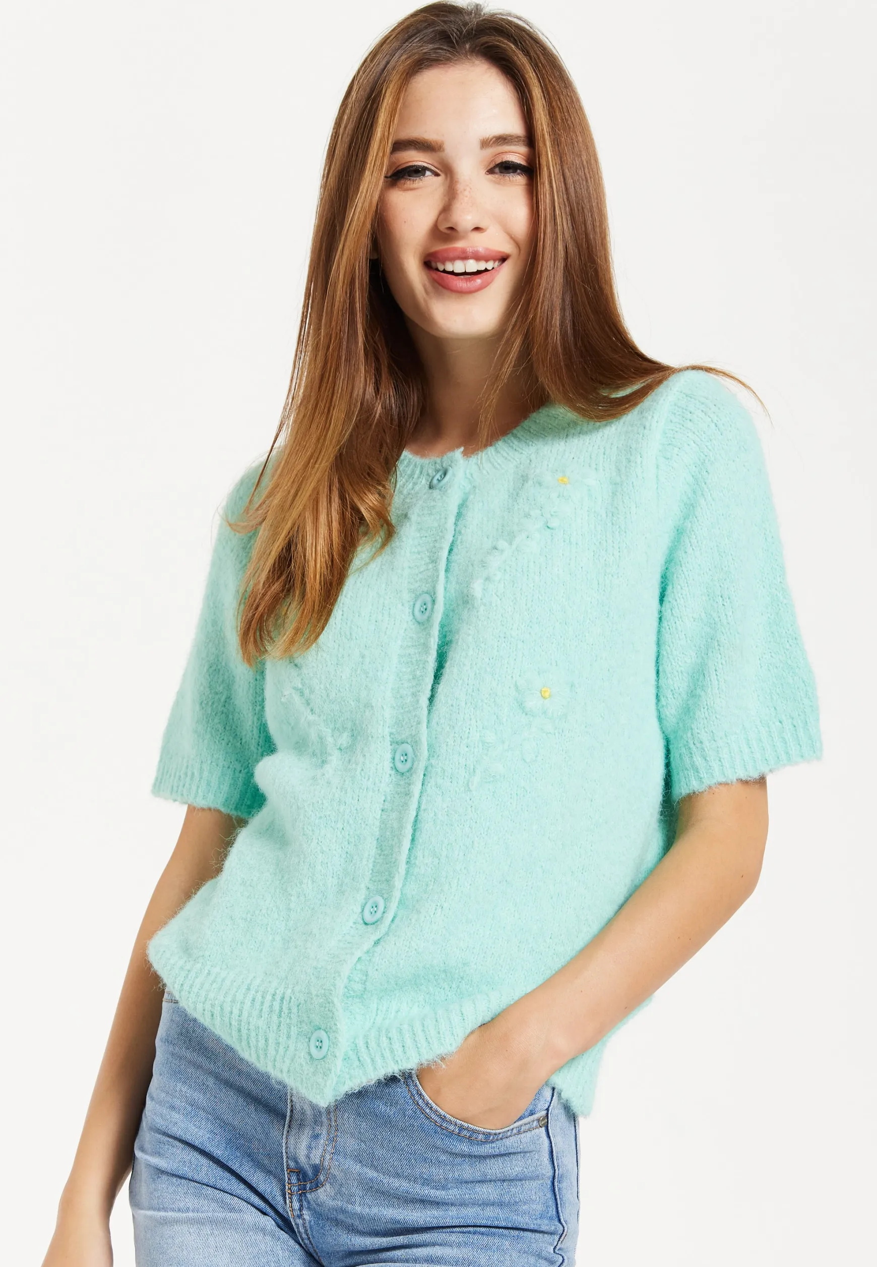 Women's Cardigan in Turquoise, Floral Pattern, Short Sleeves, Button Down Style - Liquorish