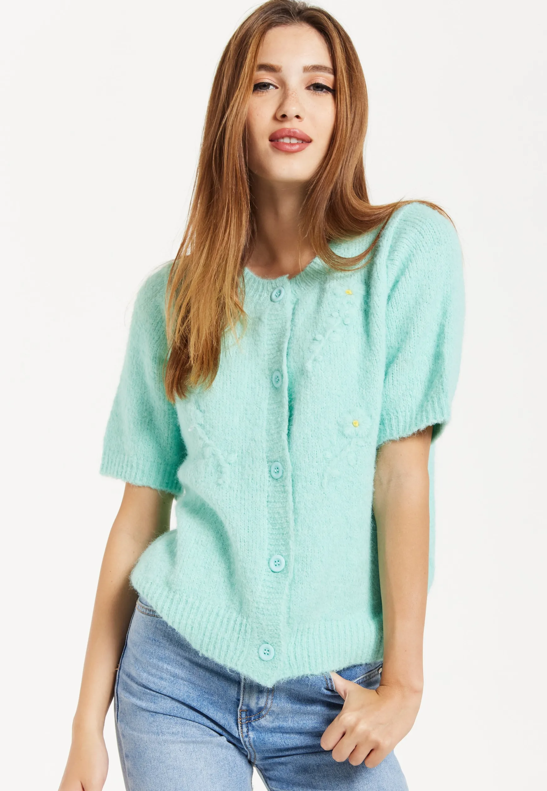 Women's Cardigan in Turquoise, Floral Pattern, Short Sleeves, Button Down Style - Liquorish
