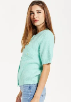 Women's Cardigan in Turquoise, Floral Pattern, Short Sleeves, Button Down Style - Liquorish