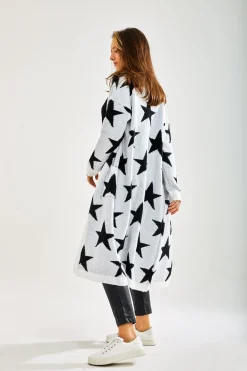 Women's Cardigan in White with Long Sleeves, Whimsical Star Pattern, Comfortable Fit, Liquorish